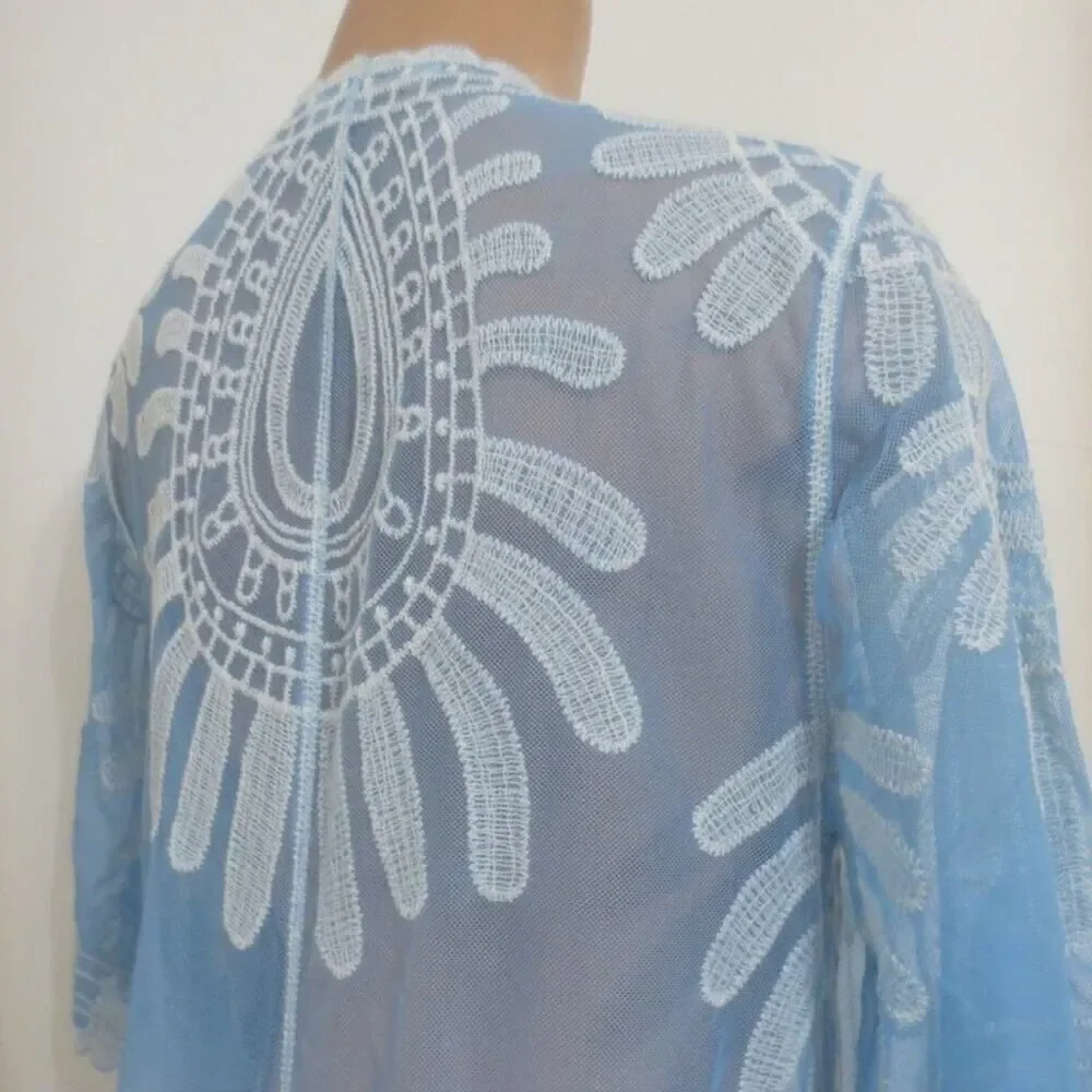 Rebellion Again Blue & White Lace Cover Up Kimono in Floral Medallion Sz S NWOT
